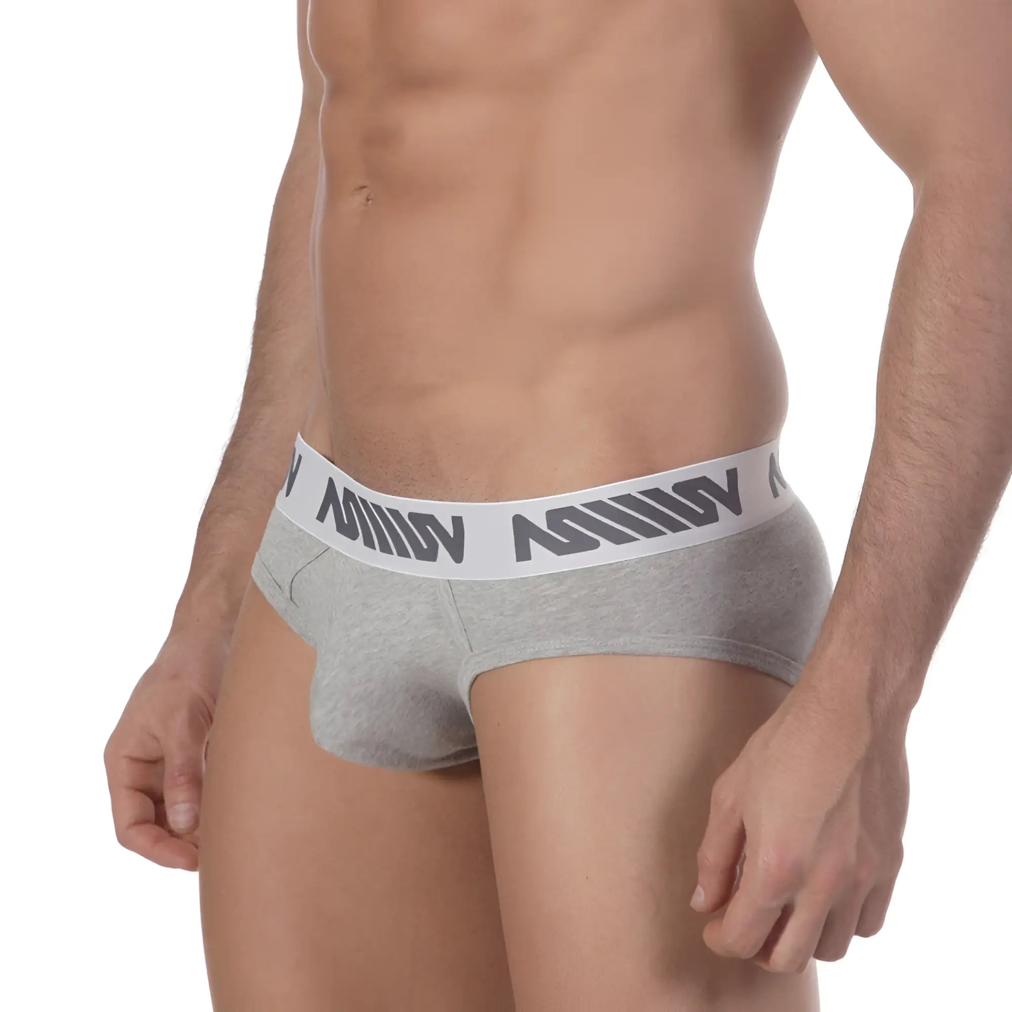 MetroMaleWear Core hip brief grey heathered fabric with white elastic waistband and black millin branding