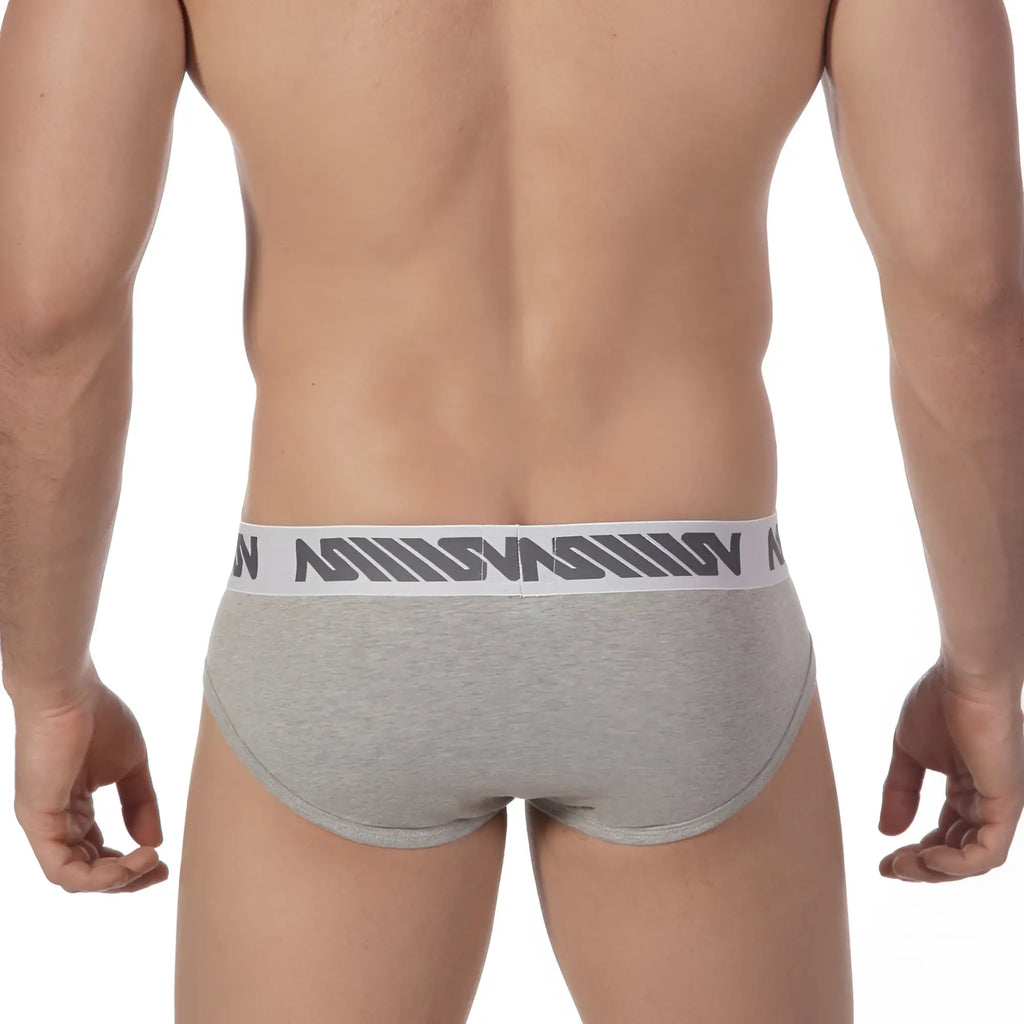 Gray heathered MetroMaleWear core hip briefs with white elastic waistband featuring repeating dark gray logo pattern