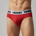 MetroMaleWear Core Hip Brief red men’s briefs with white elastic waistband and black stylized lettering 8003-29
