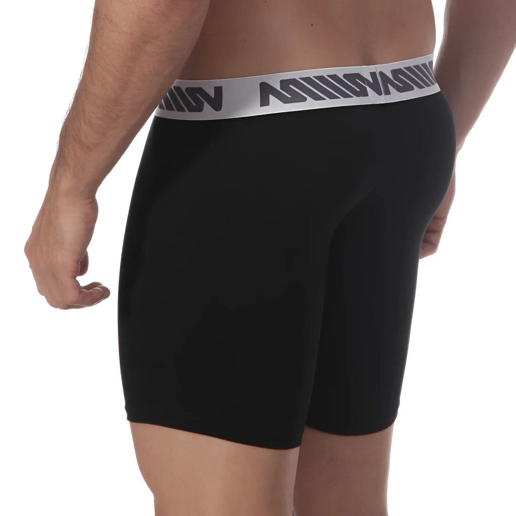 Metro male wear core midcut boxer black 8023-20 features black boxer briefs with gray elastic waistband and black logo pattern