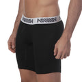 Black mens boxer briefs with white elastic waistband and gray repeating logo metro malewear core midcut boxer black 8023-20