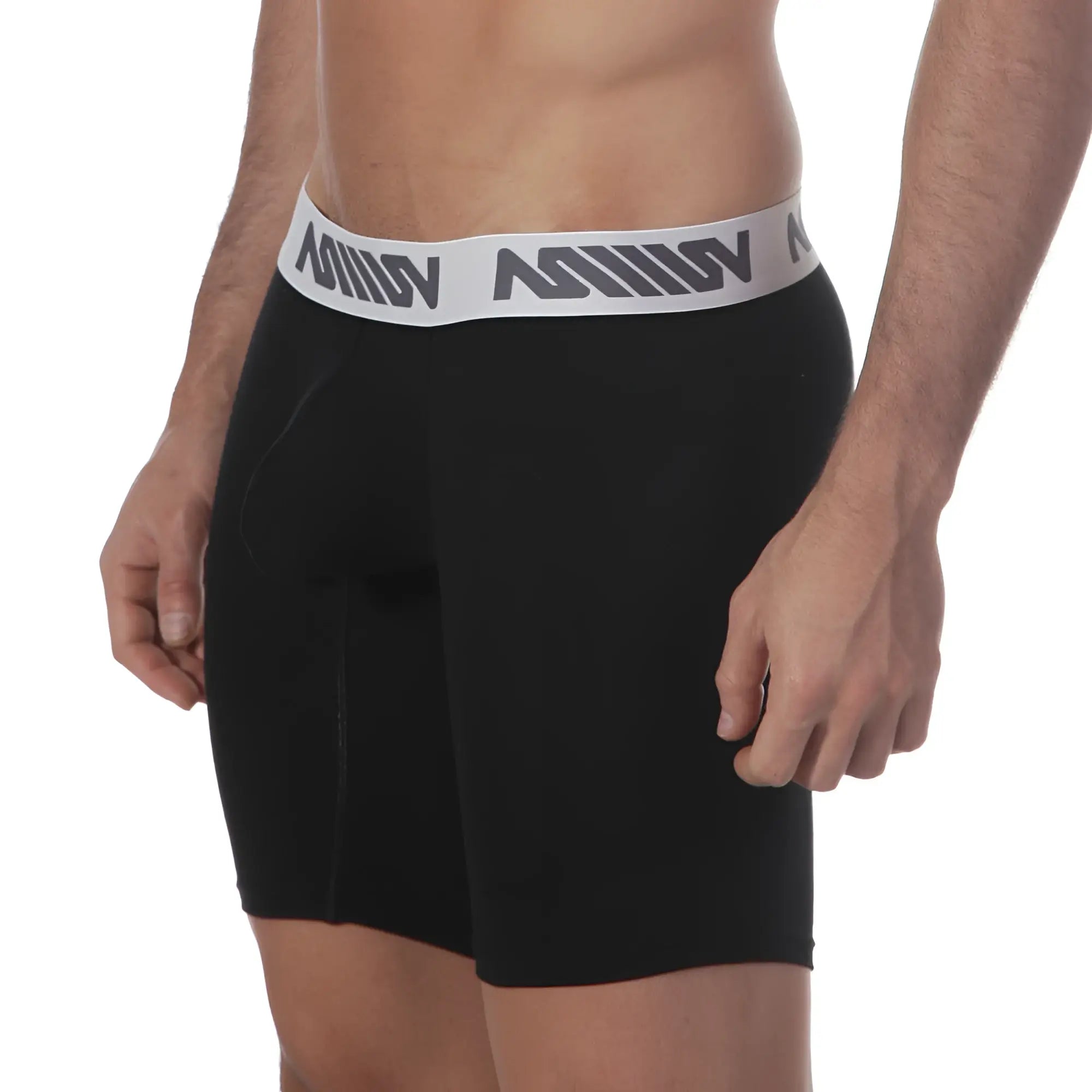 Black mens boxer briefs with white elastic waistband and gray repeating logo metro malewear core midcut boxer black 8023-20