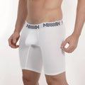 White metro male wear core midcut boxer briefs with gray waistband featuring repeating million logo for men
