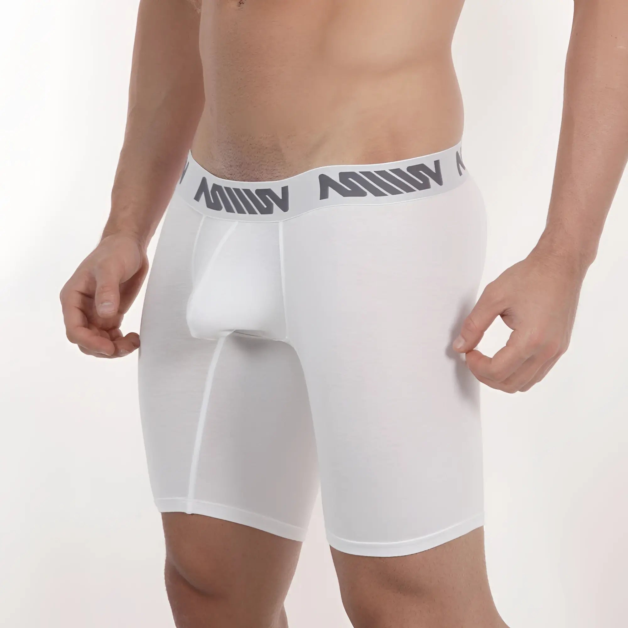 White metro male wear core midcut boxer briefs with gray waistband featuring repeating million logo for men