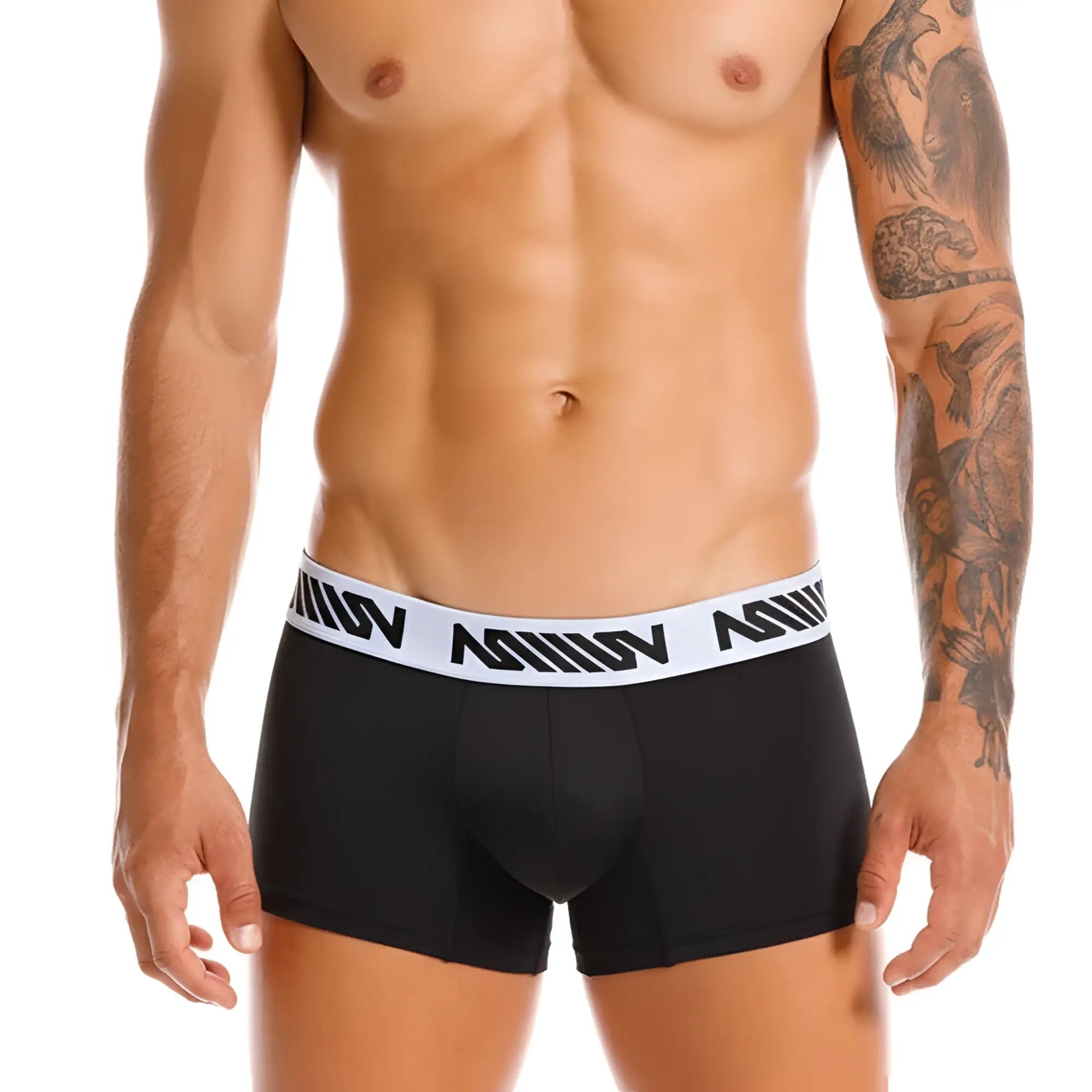 MetroMalewear core short boxer black 7 inch with white elastic waistband and bold black geometric logo pattern
