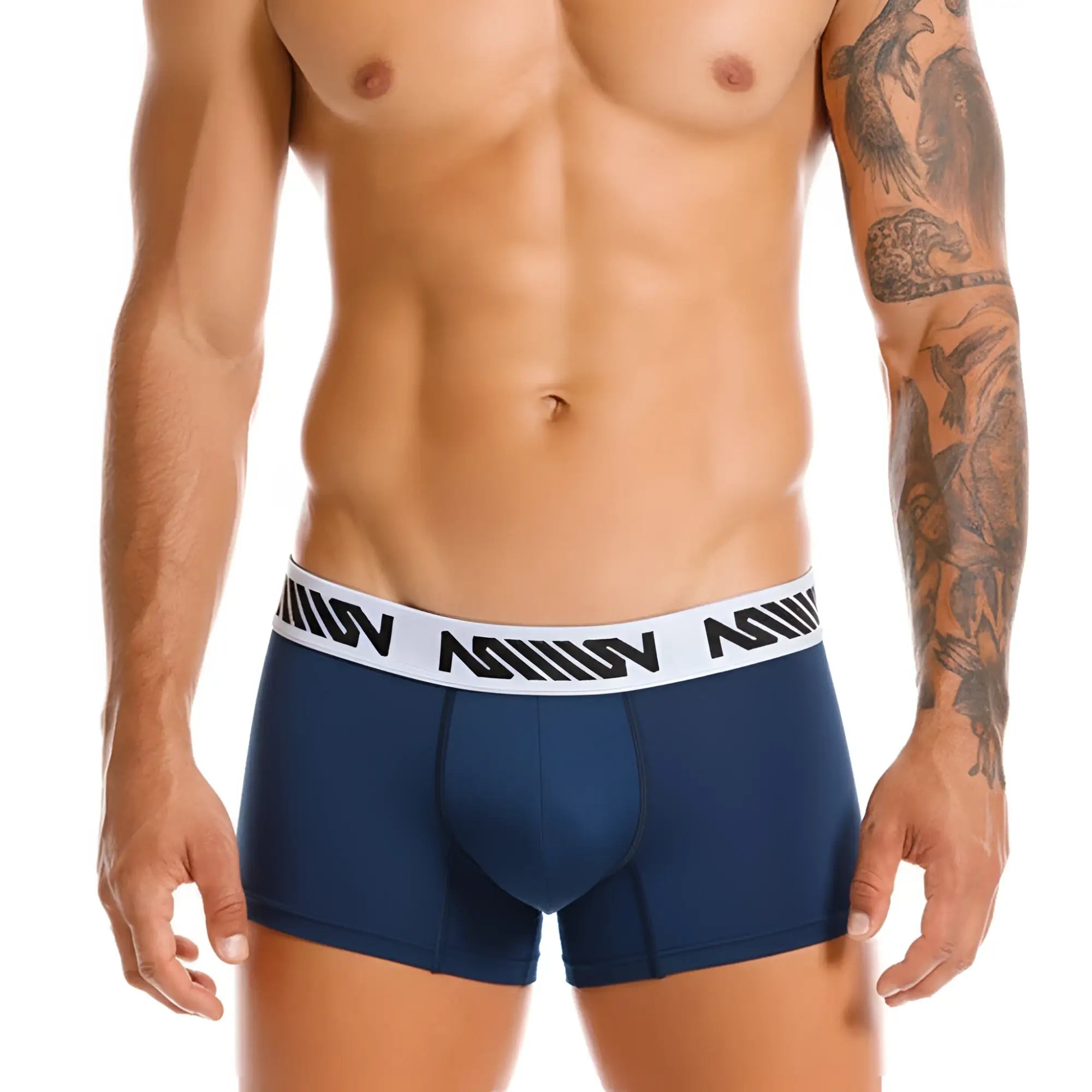 Metro malewear core short boxer dark blue 7 with white elastic waistband and black geometric branding