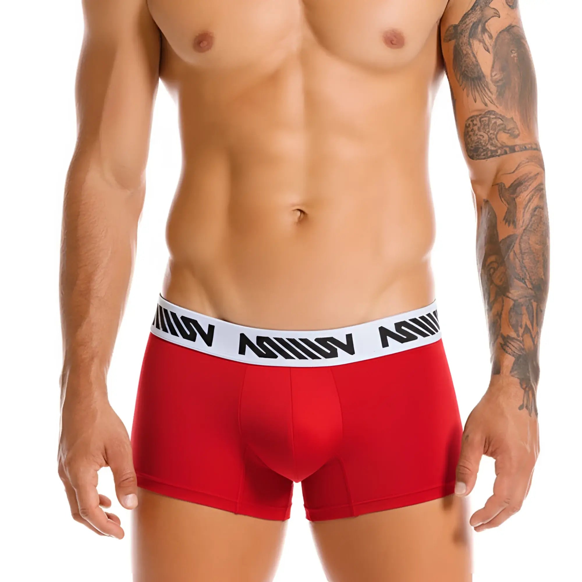 Red men’s boxer briefs metro male wear core short boxer red 7 with white elastic waistband and black geometric branding