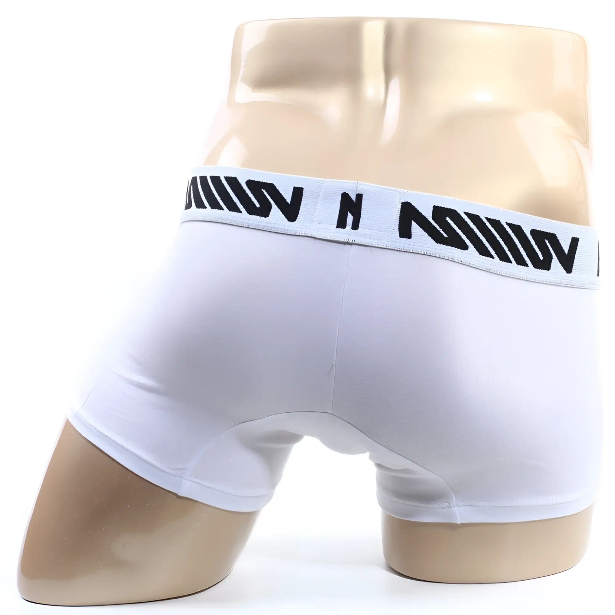 White metroMalewear core short boxer briefs with black logo waistband and 7 inch inseam in cotton blend