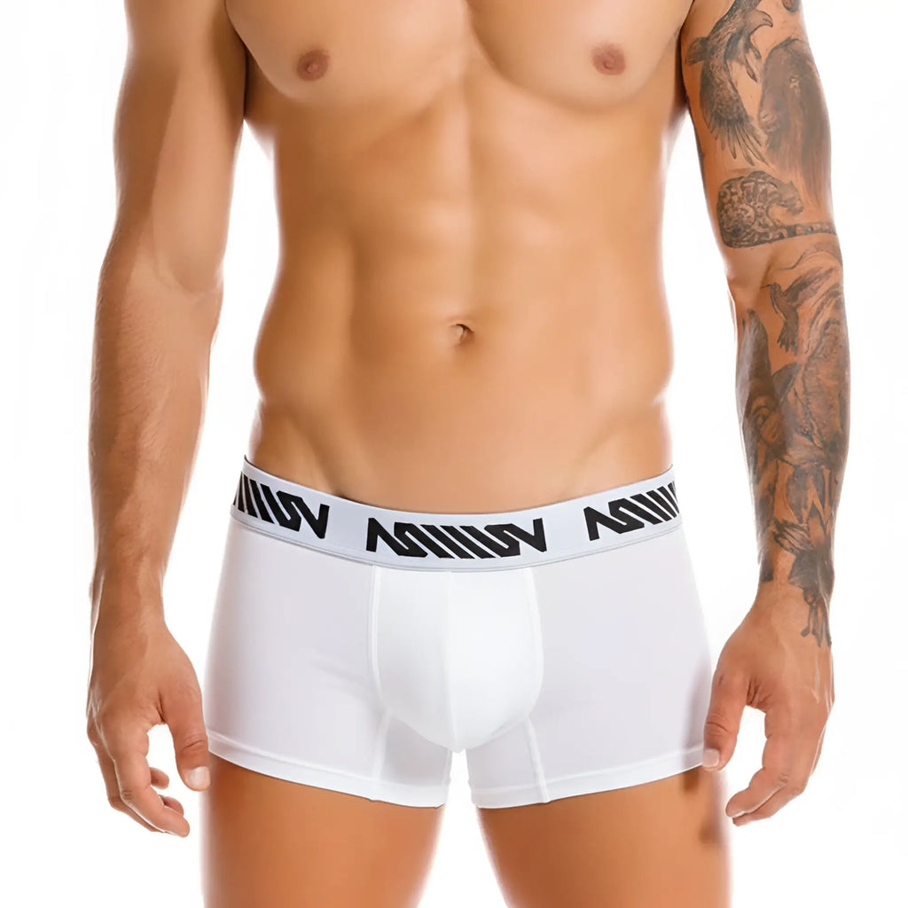 Metro malewear core short white boxer briefs with 7 inch inseam and black white patterned logo waistband