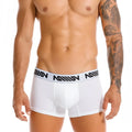 Metro malewear core short white boxer briefs with 7 inch inseam and black white patterned logo waistband