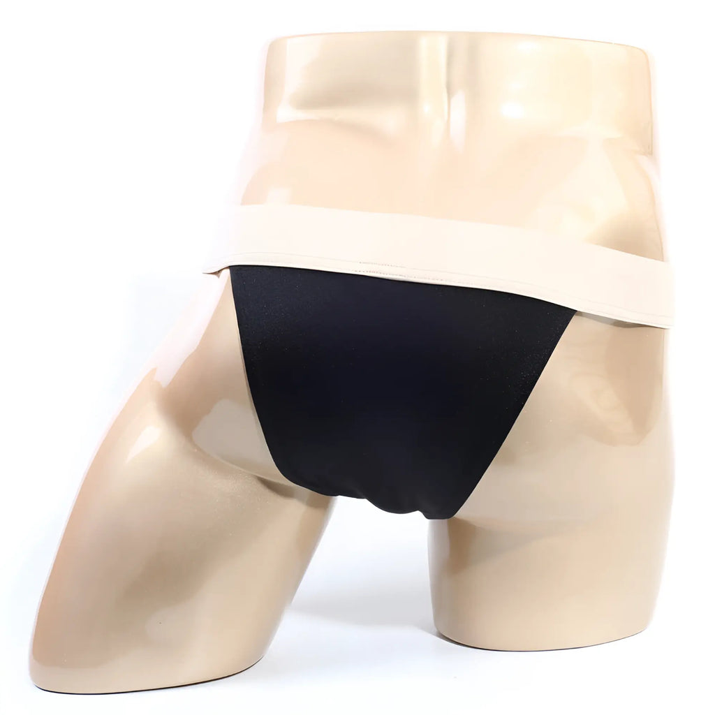 MetroMalewear cosmos bikini black 1124-20 black satin briefs with wide beige waistband on mannequin front view