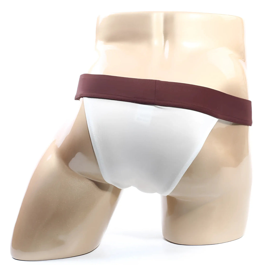White athletic briefs with maroon waistband by MetroMaleWear Cosmos bikini cream 1124-04 displayed on mannequin