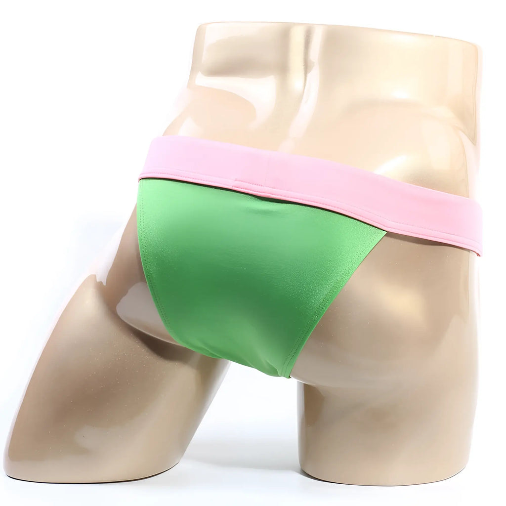 MetroMaleWear cosmos bikini green satin briefs with pink waistband designed for comfortable menswear