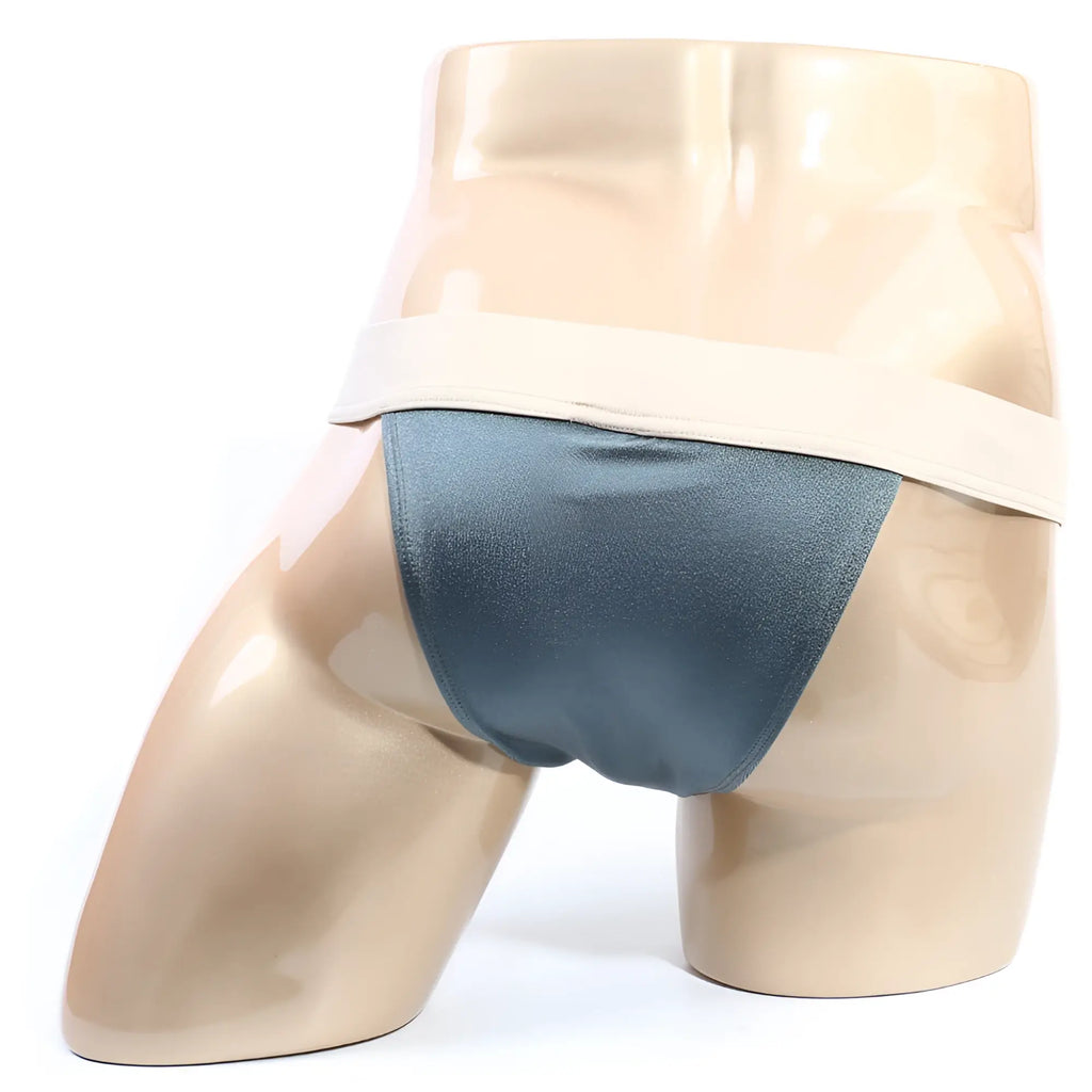 Dark teal satin briefs with a wide beige waistband from metromalewear cosmos bikini moss 1124-07