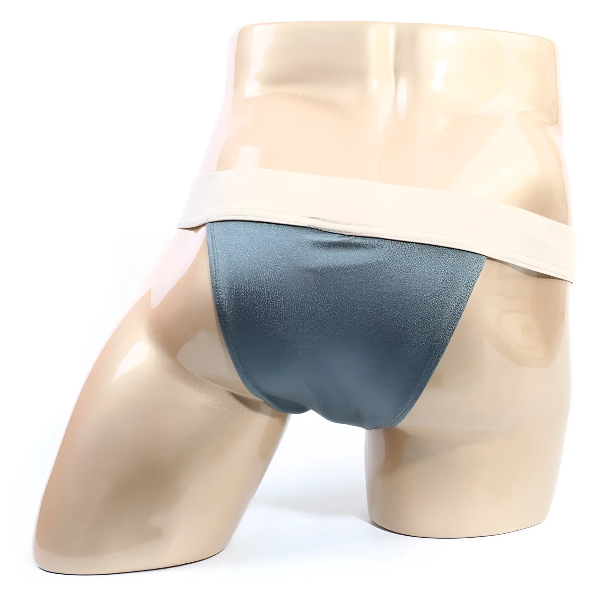 Dark teal satin briefs with a wide beige waistband from metromalewear cosmos bikini moss 1124-07