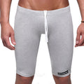 Gray heathered cotton athletic shorts with white drawstring and metromalewear label on lower right leg
