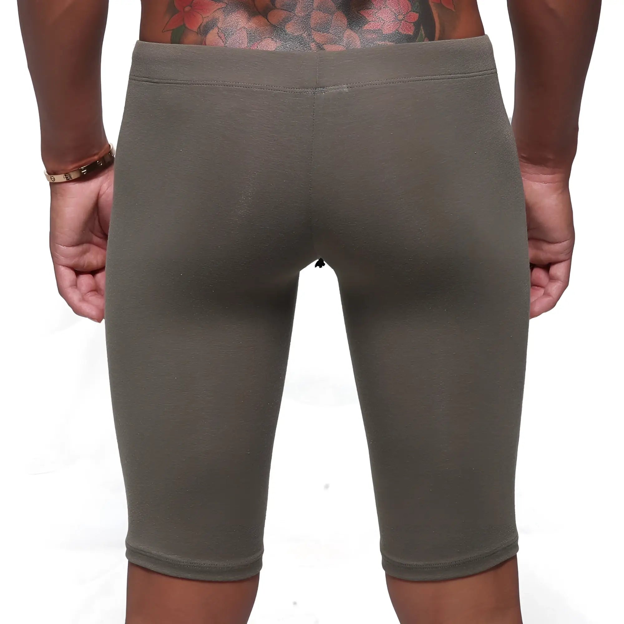 Olive green stretch cotton bike shorts with high waistband and ribbed cuffs from metromalewear khaki 3020-26