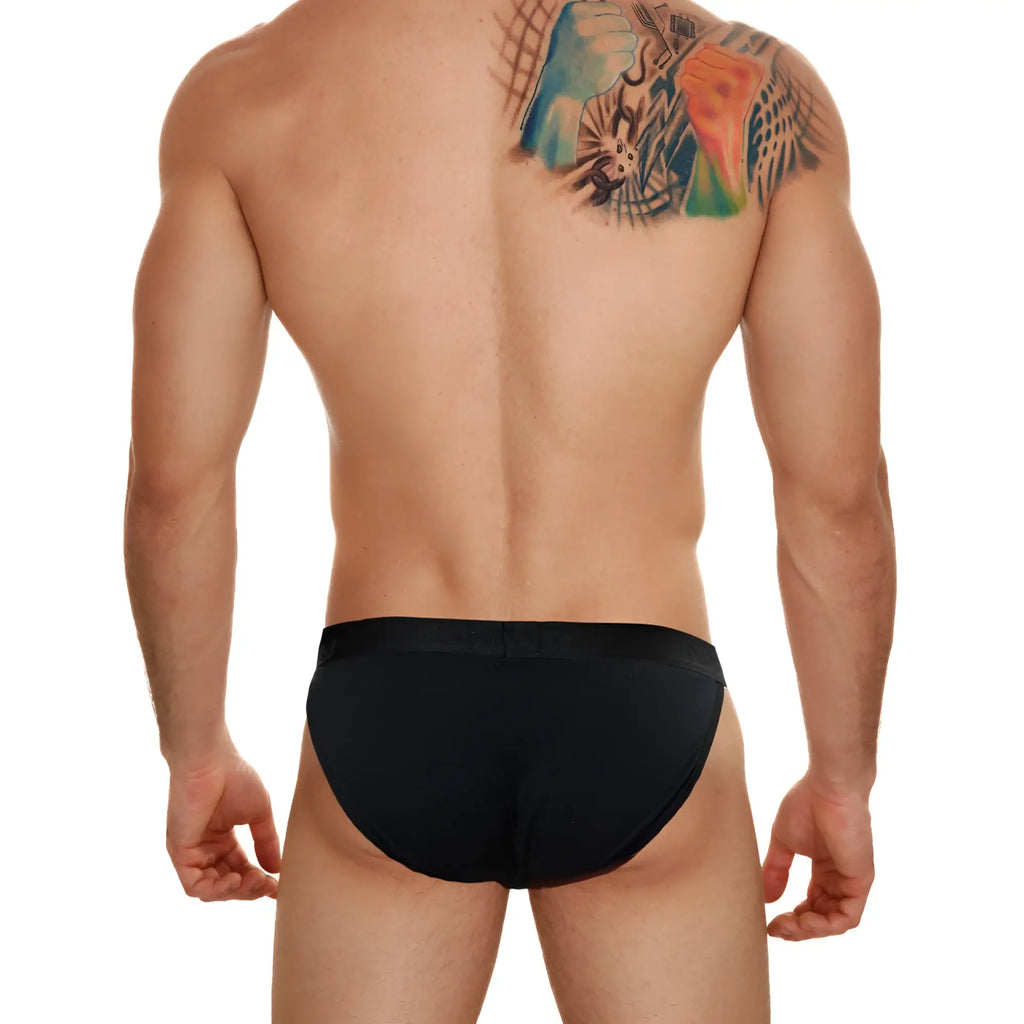 Black metroMalewear cotton bikini briefs with smooth form-fitting design shown from the back side