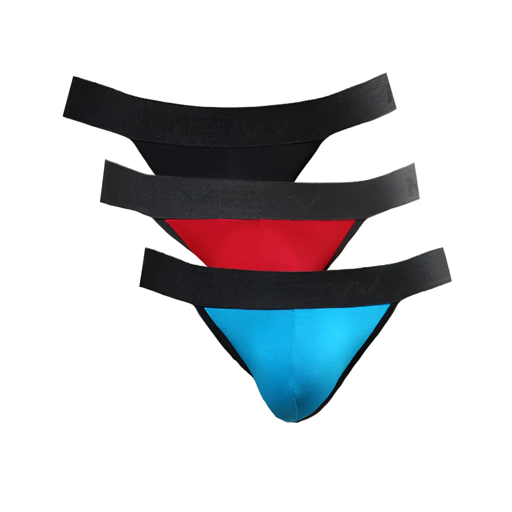 Set of MetroMaleWear cotton bikini briefs in black red and blue with matching elastic waistbands in a 3 pack