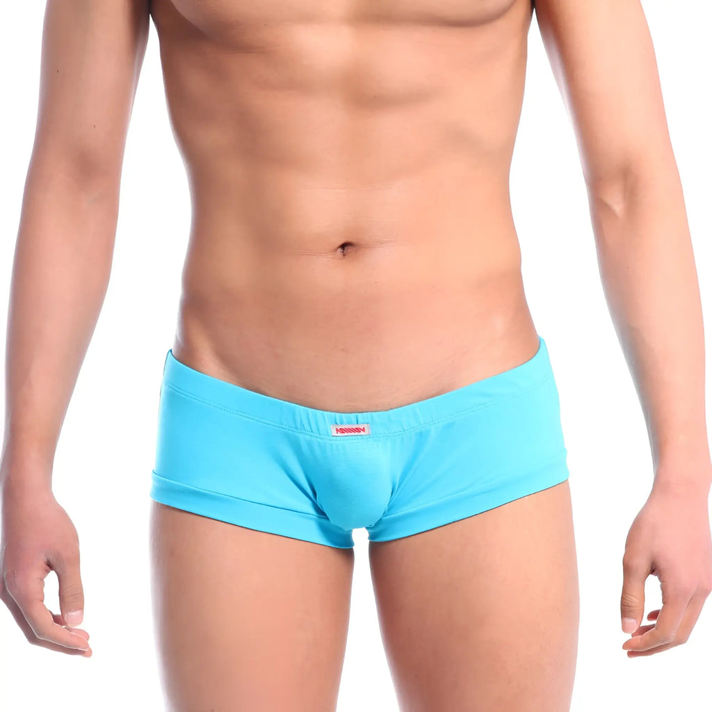 Bright turquoise metro malewear cotton boxster neo blue 3010-08 men’s briefs with snug fit and red waistband tag