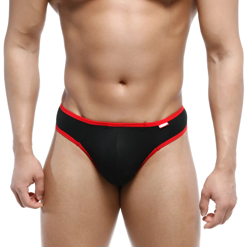 MetroMaleWear cotton half-bikini thong black with red trim showing the front design of breathable briefs