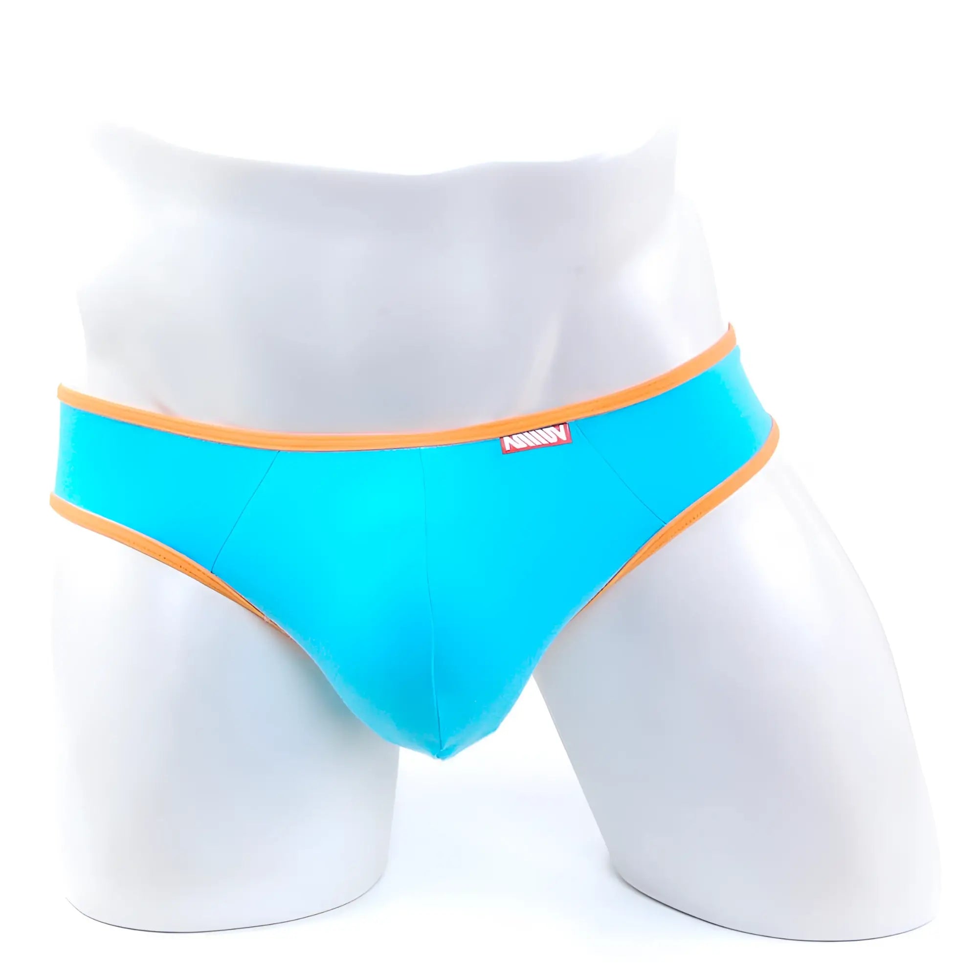 MetroMaleWear cotton half-bikini thong in bright turquoise with orange trim and a red brand tag