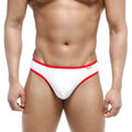 White briefs with red trim metroMalewear cotton half bikini thong visible from front in soft breathable fabric