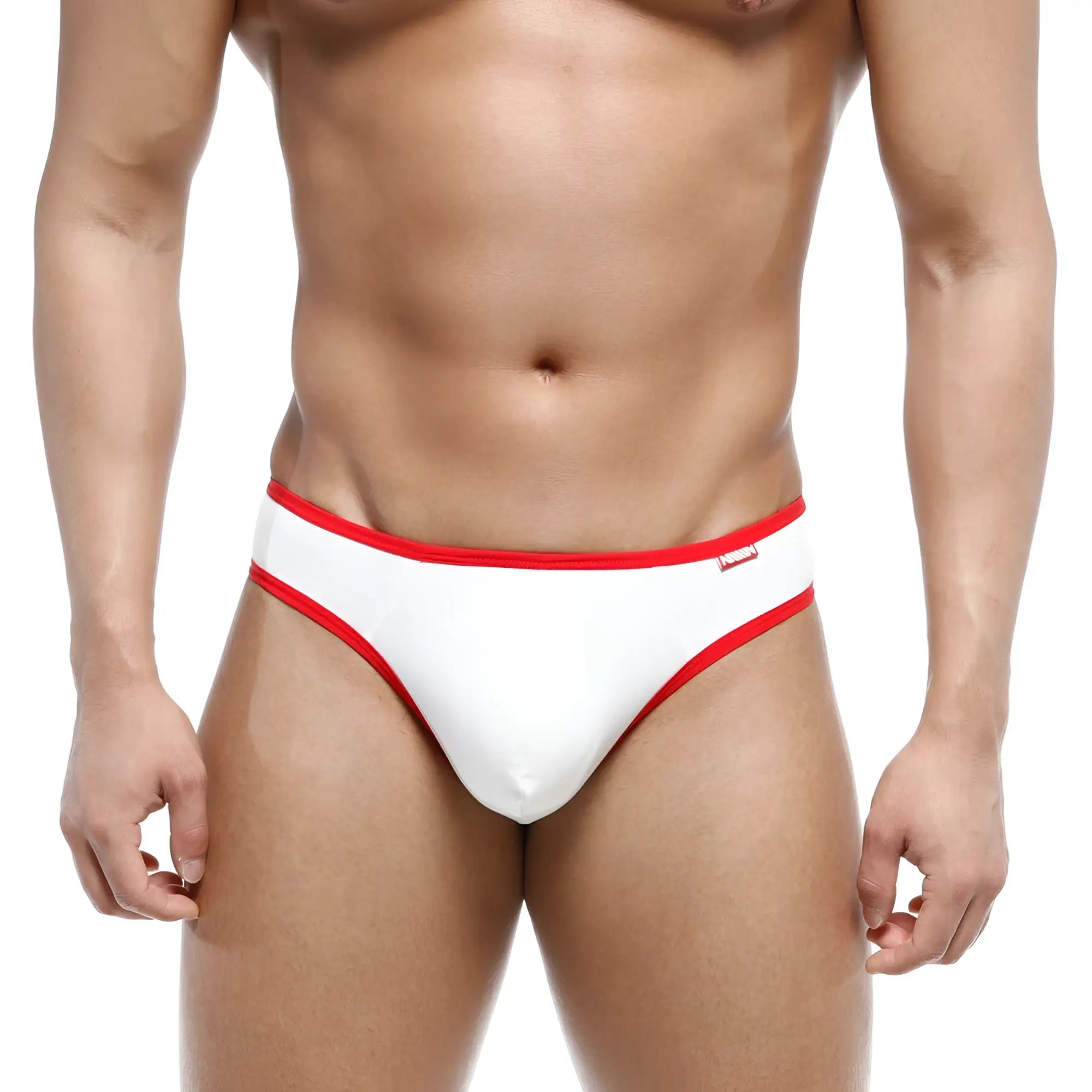 White briefs with red trim metroMalewear cotton half bikini thong visible from front in soft breathable fabric