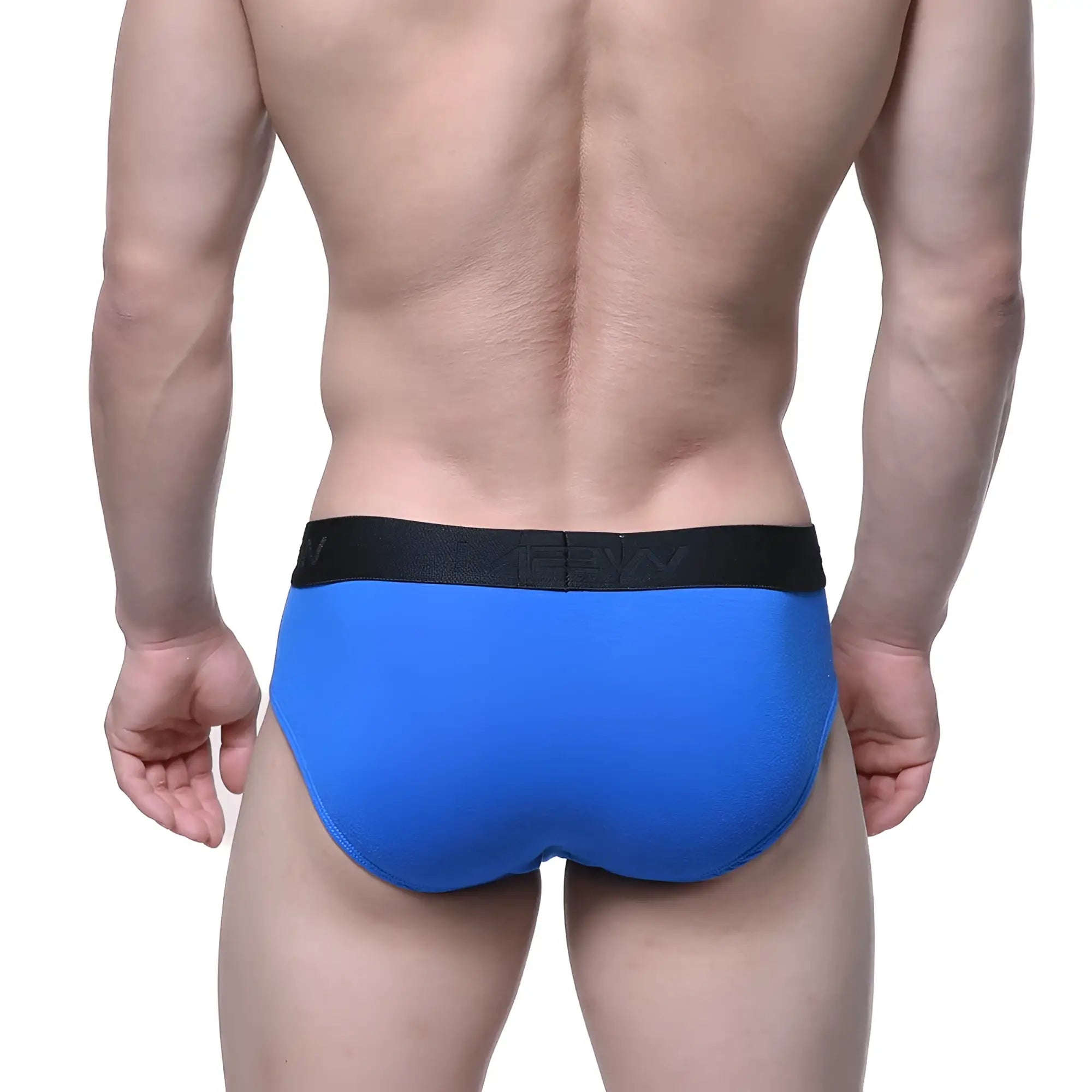 Bright blue cotton hip briefs with black elastic waistband and MetroMaleWear logo for comfortable daily wear