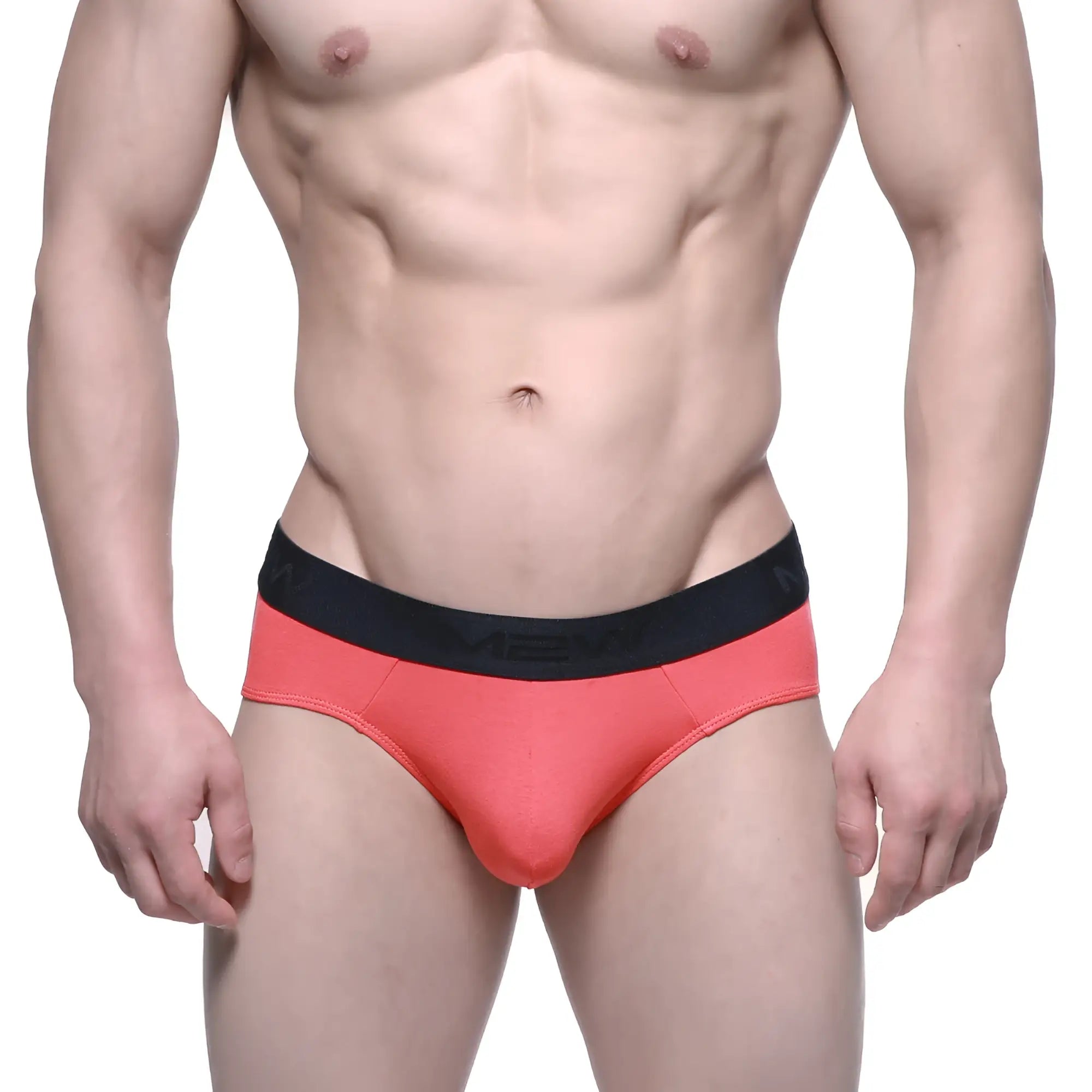 Coral cotton briefs with black elastic waistband featuring mev logo metro malewear cotton hip brief coral 3006-24