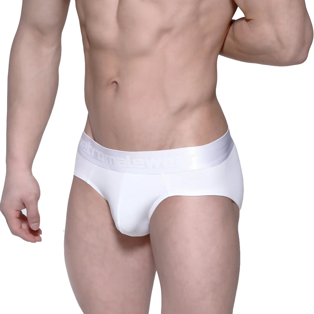 White men’s cotton briefs with smooth form-fitting design and embossed elastic waistband from MetroMaleWear