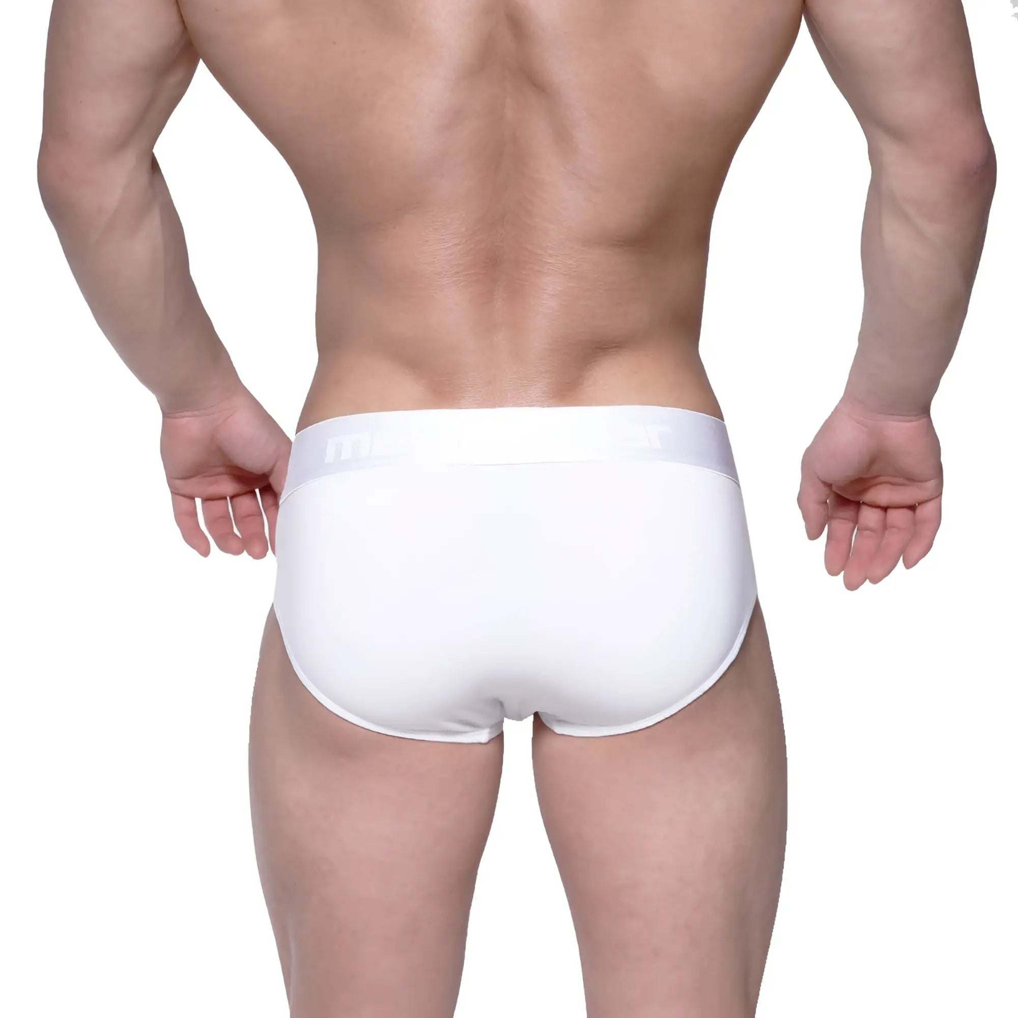 White mens cotton hip briefs with smooth form-fitting design and subtle branding on the waistband metro malewear