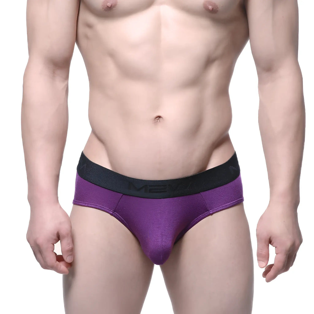 Purple metro malewear cotton hip briefs with black waistband and white mean branding for men