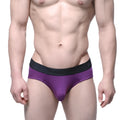 Purple metro malewear cotton hip briefs with black waistband and white mean branding for men