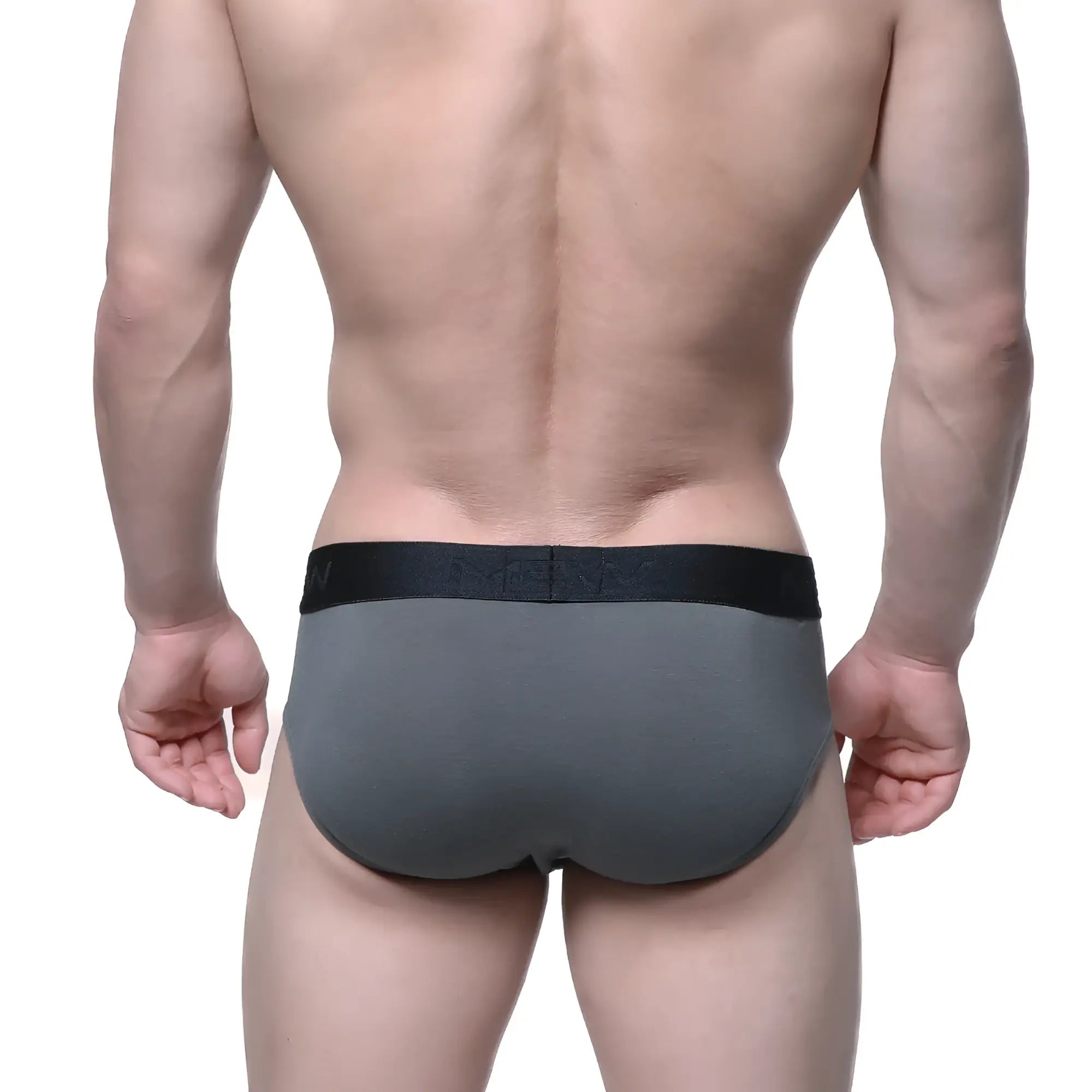 Gray cotton men’s briefs with black elastic waistband and subtle MetroMaleWear branding in a hip brief style