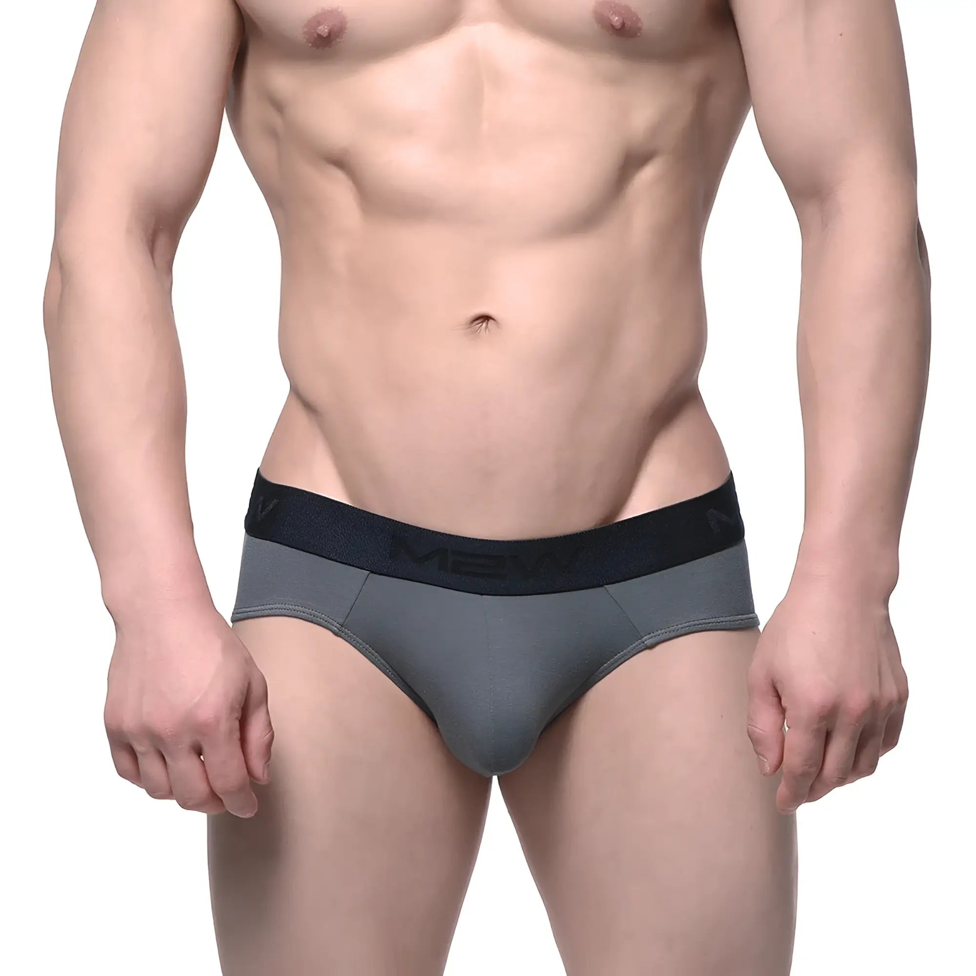 Gray cotton men’s briefs with black elastic waistband featuring meny logo from metromalewear green 3006-26