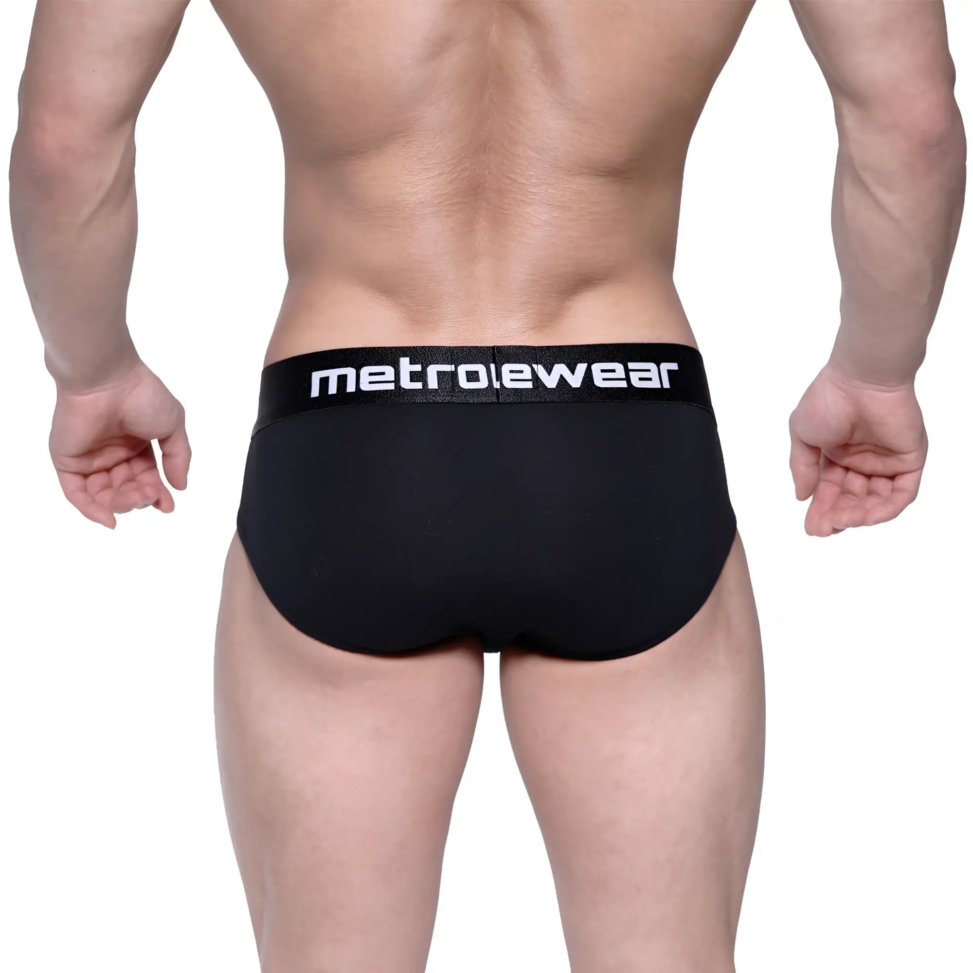 Black MetroMaleWear cotton hip briefs featuring a white logo band for comfortable everyday wear