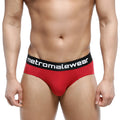 Red mens cotton hip briefs terracotta with black waistband and metromalewear logo for comfortable daily wear