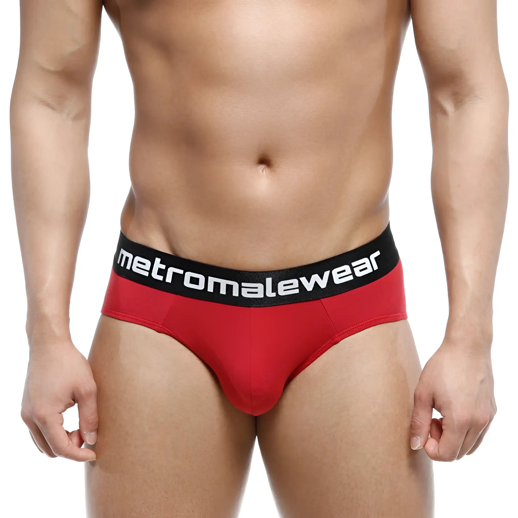Red mens cotton hip briefs terracotta with black waistband and metromalewear logo for comfortable daily wear
