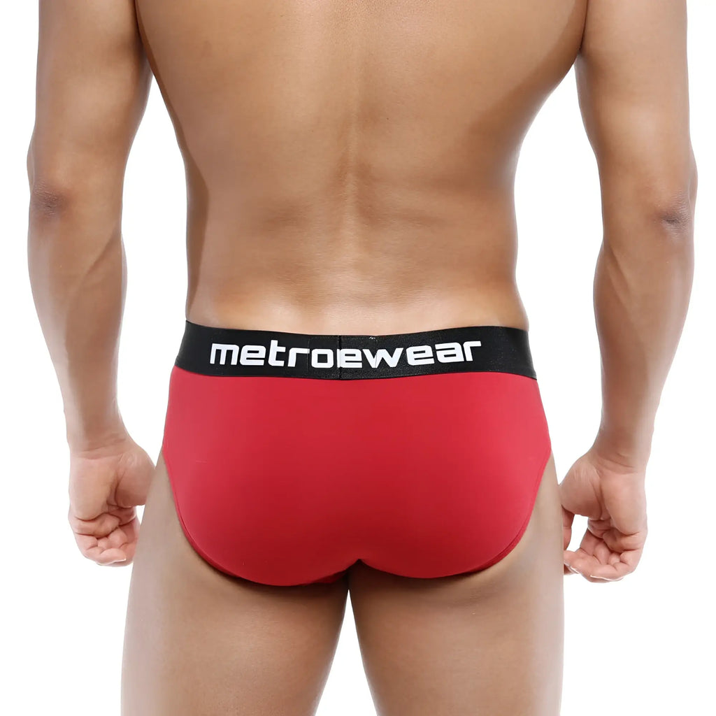 Red metrowear cotton hip briefs with black waistband and white lettering terracotta style 3006-29