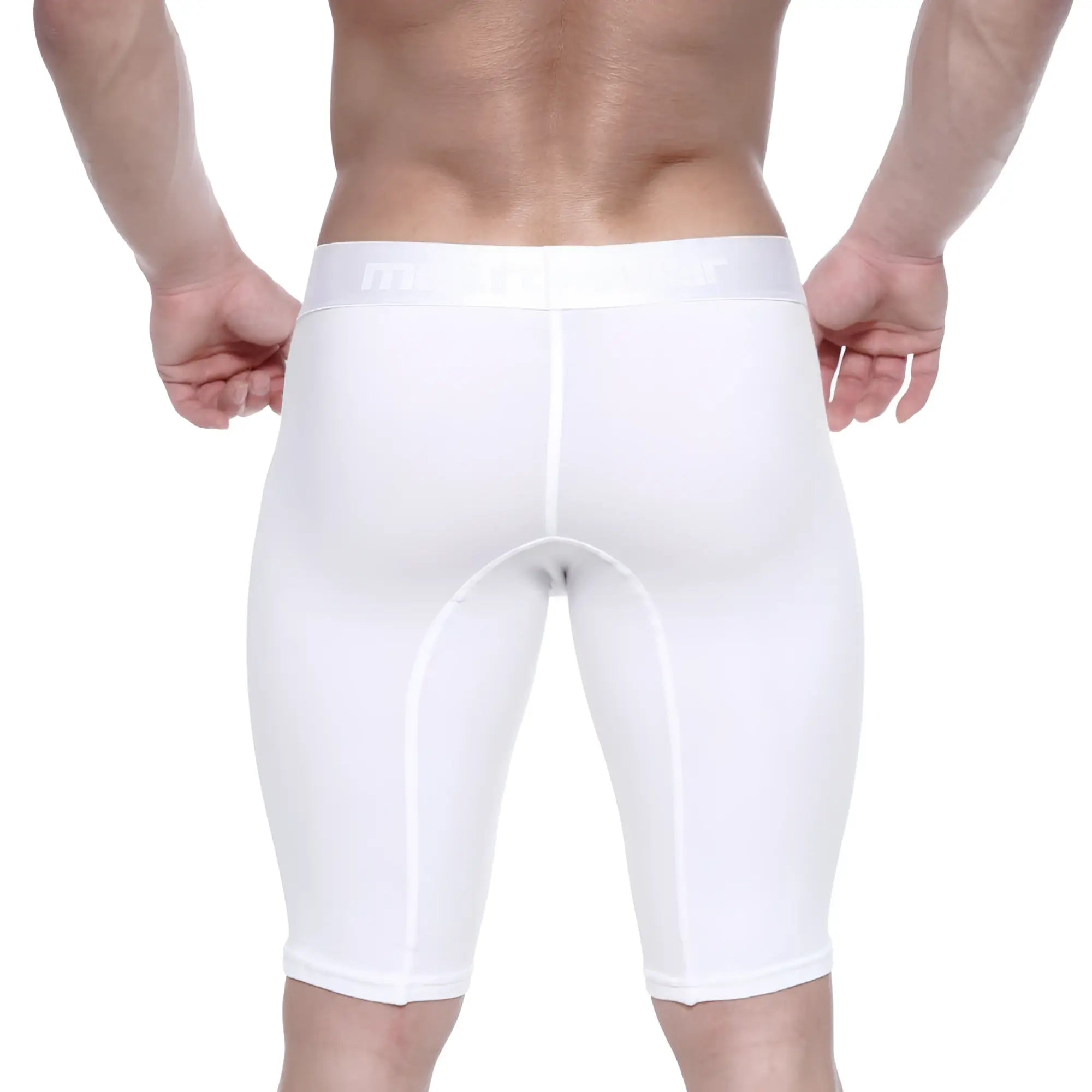 White MetroMaleWear cotton long shorts with a snug fit and subtle seam detailing for athletic use