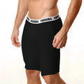 Black MetroMaleWear cotton long athletic shorts with white elastic waistband and aquav logo in black lettering