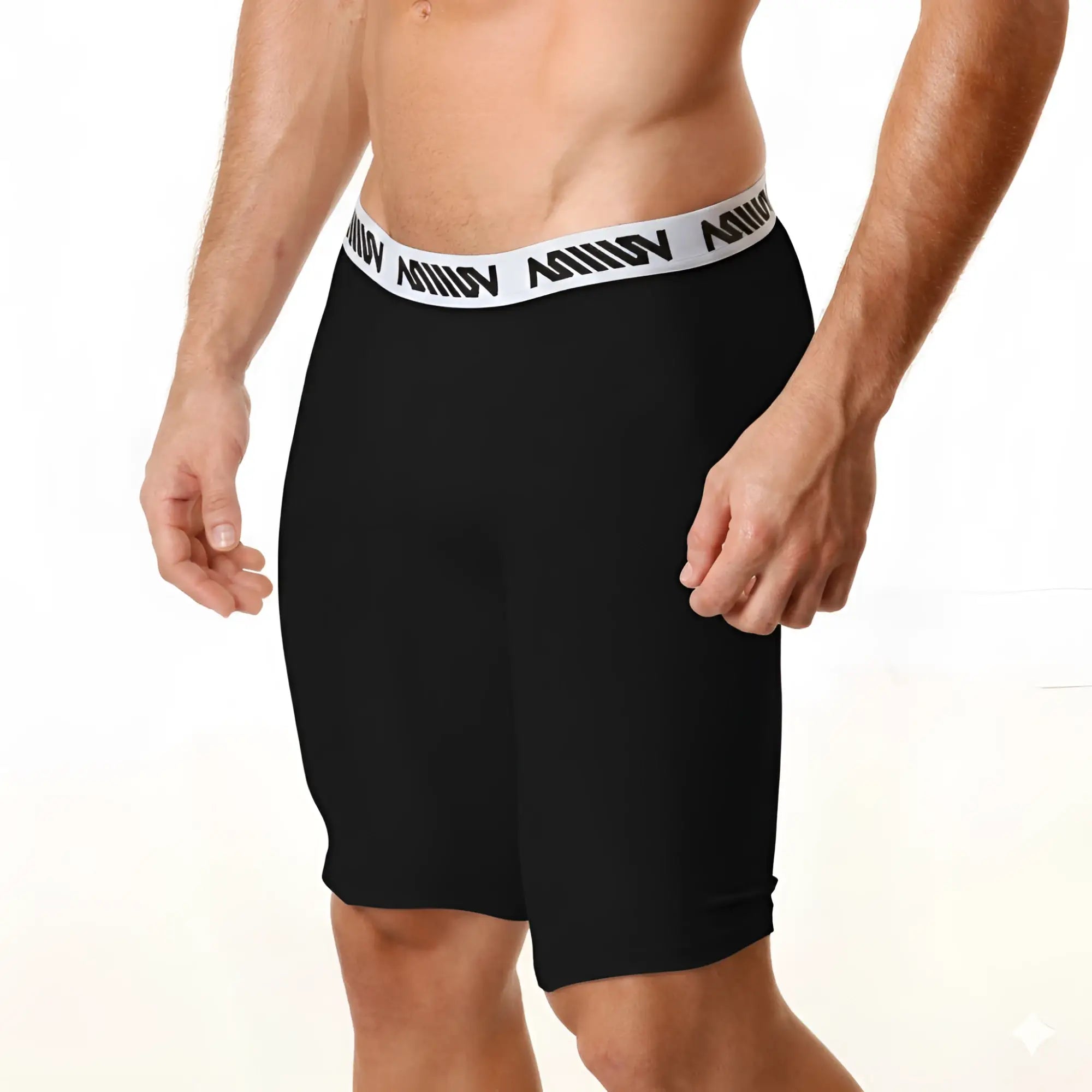 Black MetroMaleWear cotton long athletic shorts with white elastic waistband and aquav logo in black lettering