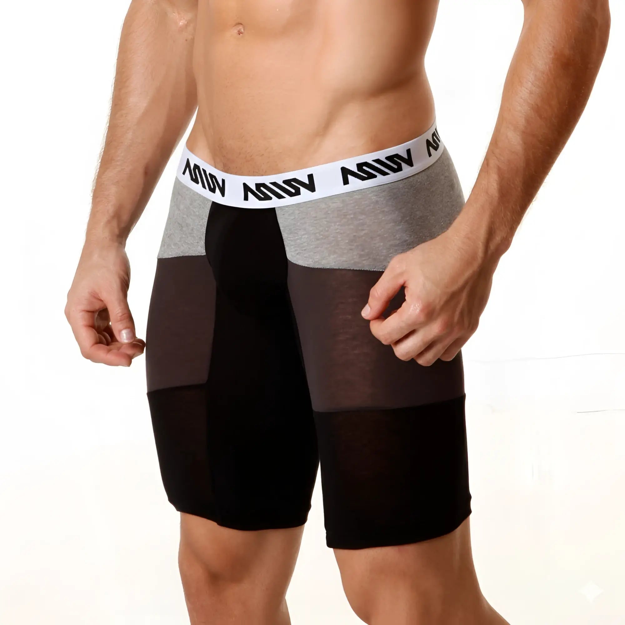 Black and gray cotton athletic boxer briefs with a white adidas waistband metroMalewear cotton long short 15 inch