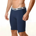 Navy blue cotton athletic briefs with a white waistband featuring black metro malewear logo text front view