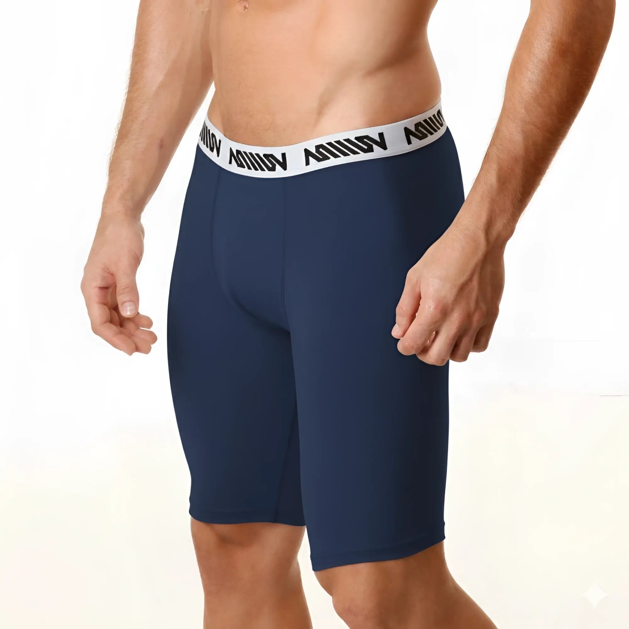 Navy blue cotton athletic briefs with a white waistband featuring black metro malewear logo text front view