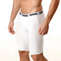White men’s cotton compression shorts with a black aquav logo band waist metroMalewear long 15inch 3024-00
