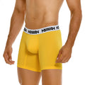 Bright yellow metro male wear cotton mid boxer briefs with white waistband and black logo text 10 inch length