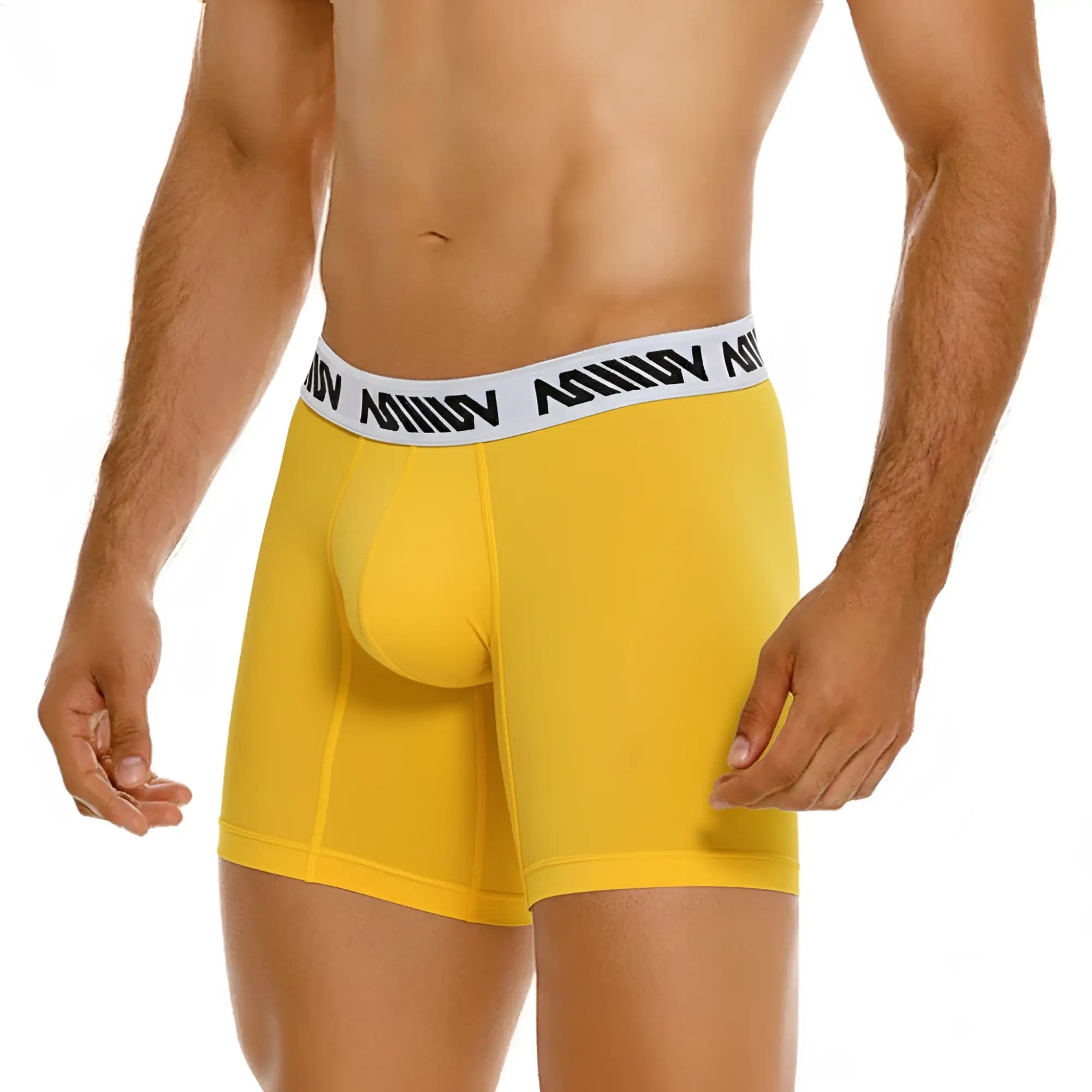 Bright yellow metro male wear cotton mid boxer briefs with white waistband and black logo text 10 inch length