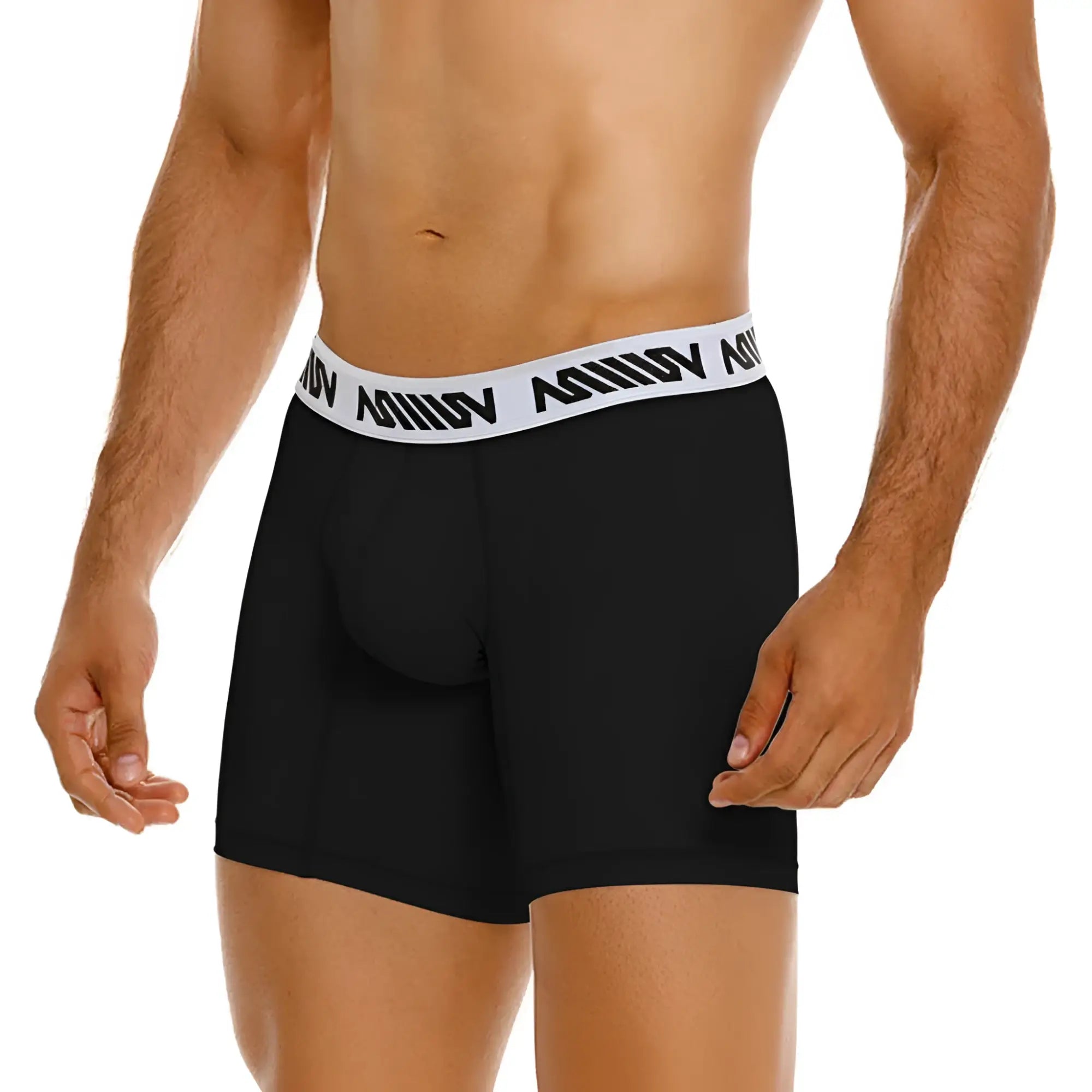 Black MetroMaleWear cotton mid boxer briefs with 10 inch length and white elastic waistband with amin branding